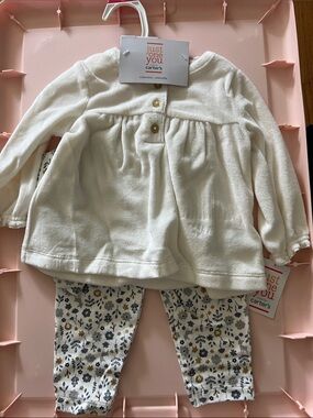 Carter's Cream Plush Tunic with Gold Accent Buttons pant and headband set